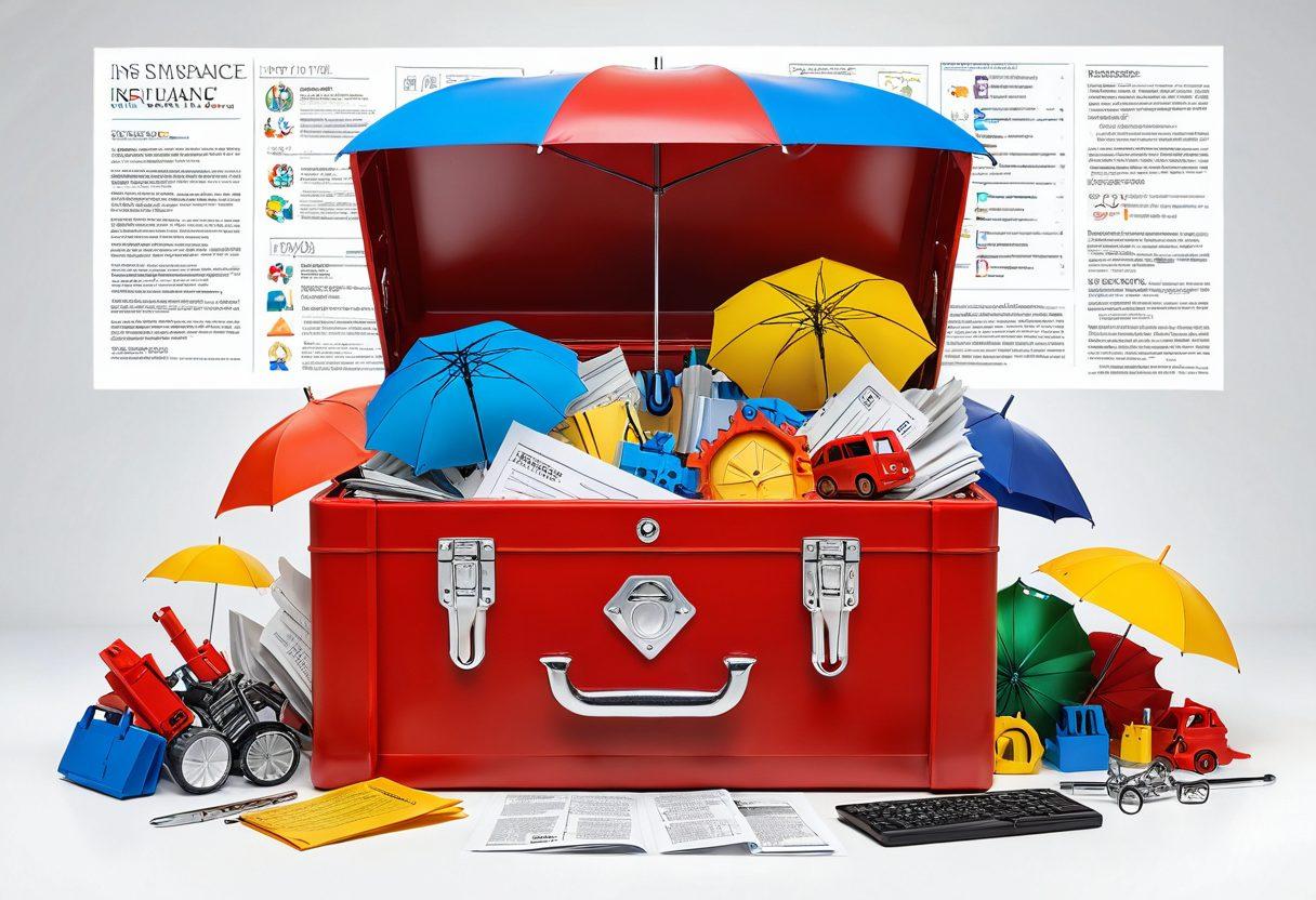An intricate, colorful toolbox overflowing with various insurance-related symbols like shields, umbrellas, and paperwork, set against a backdrop of a digital screen displaying insurance websites. Include a diverse group of individuals collaborating, representing different needs and solutions. Bright and inviting atmosphere, conveying trust and choice. super-realistic. vibrant colors. white background.