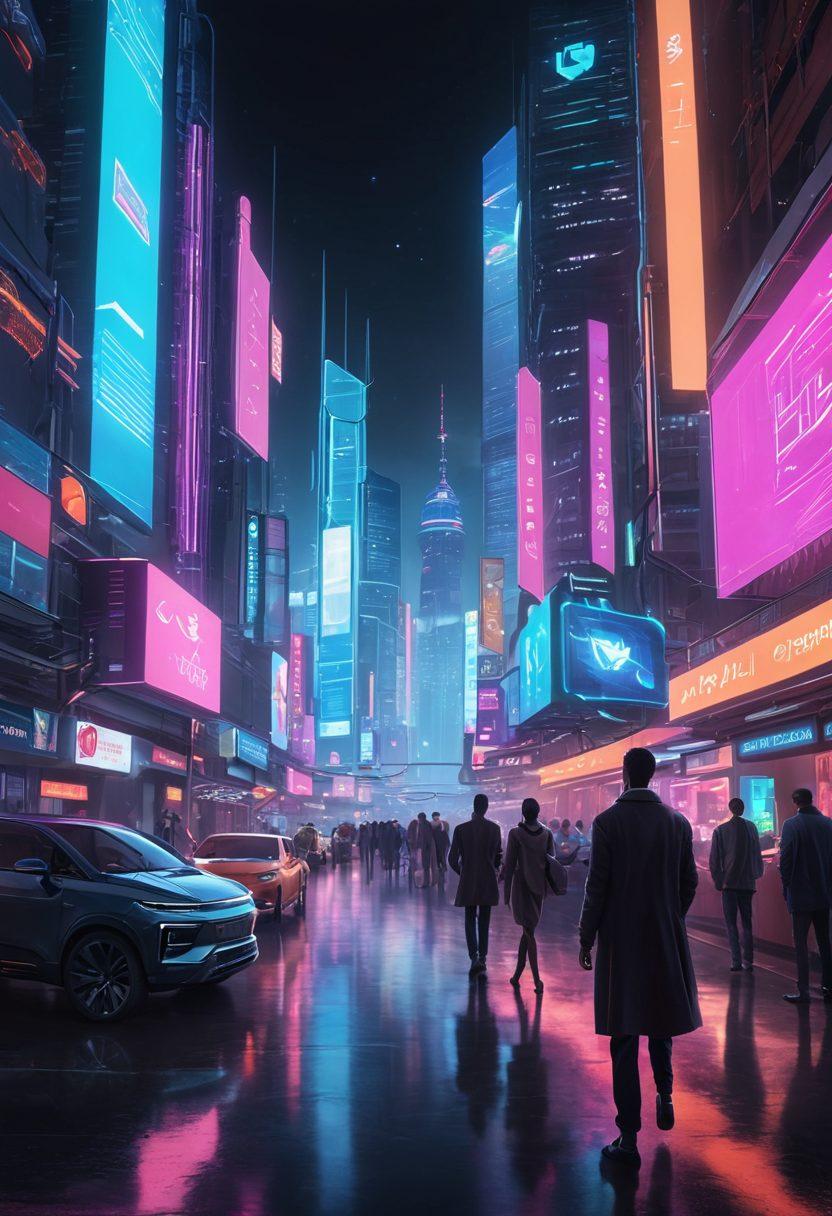 A futuristic digital landscape featuring a diverse group of people engaging with holographic insurance options for auto and health. Visual elements include sleek interfaces displaying data and icons, representing different types of insurance. The background shows a blend of cityscape and technology, symbolizing the digital age. Bright, engaging colors emphasize a dynamic environment. super-realistic. vibrant colors. cyberpunk.